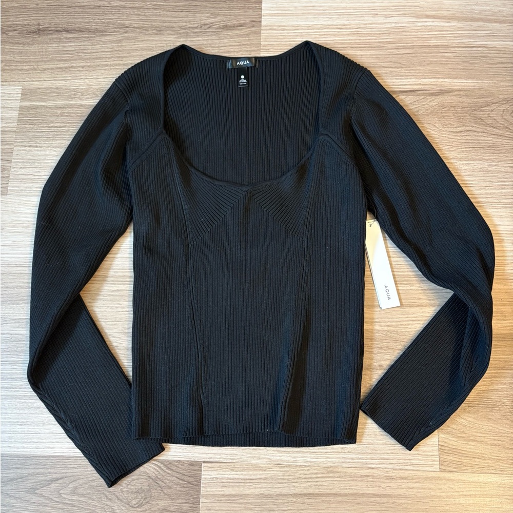 NWT Black Ribbed Knit Long Sleeve Seam Corset Seam Top Size Large